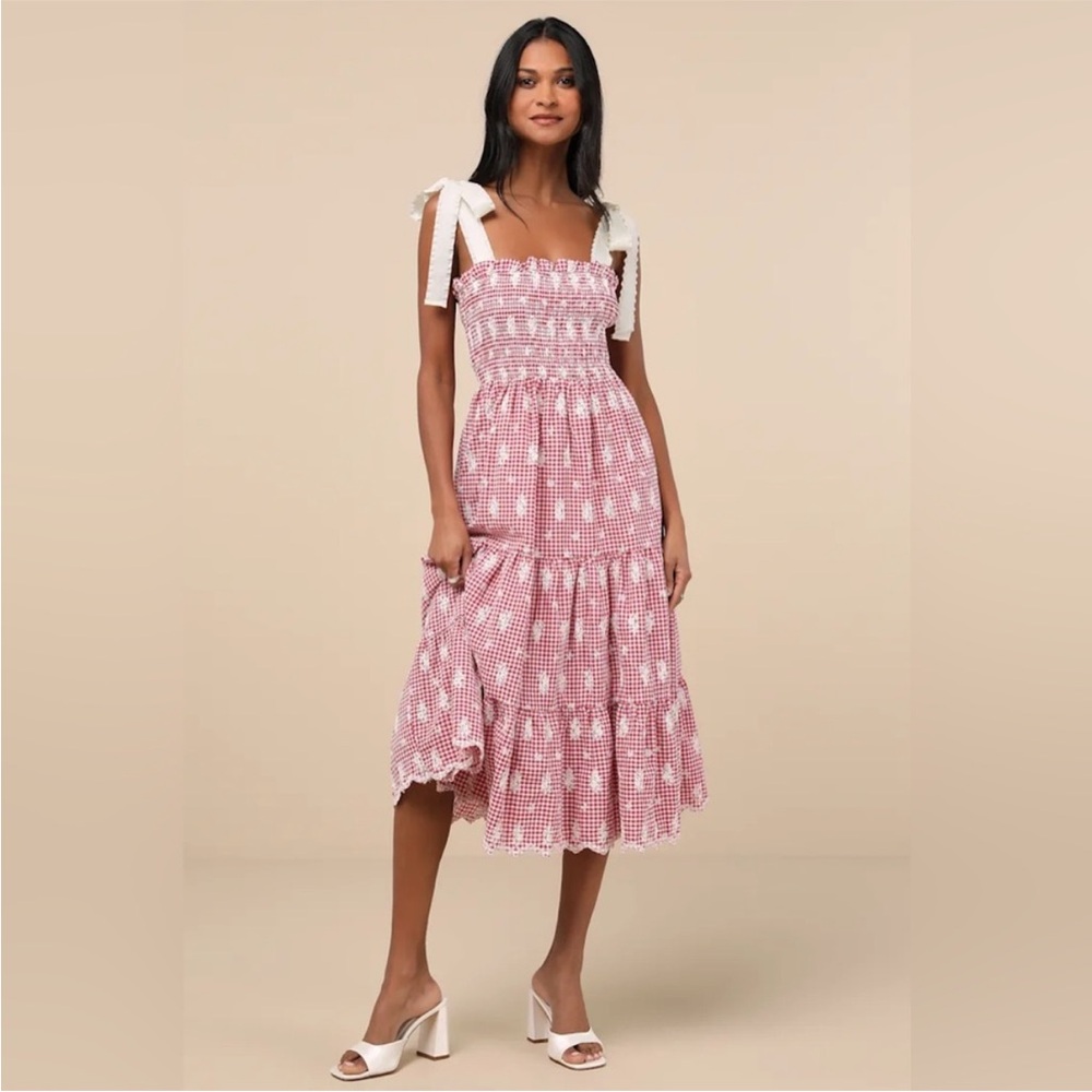 Red Gingham Embroidered Dress with White Bow Straps